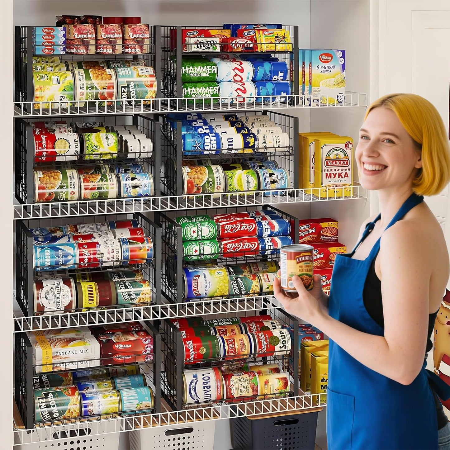 JKsmart 2-Tier Stackable Rack Organizer for Pantry, Adjustable Dispenser Holds Up to 88 Cans, Storage Holder for Various Ounces of Canned Drinks, Black, 3 Pack