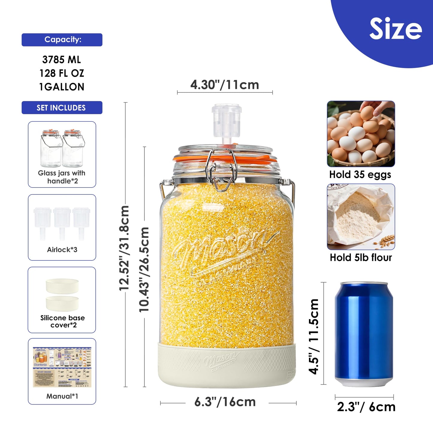 Upgrade 1 Gallon Fermentation Jars with Airlocks - Wide Mouth Glass Jars with Airtight Lid for Sauerkraut Mead Sourdough Starter Pickle, Fermenting Jar with Handle & Non-Slip Silicone Base, 2 Pack