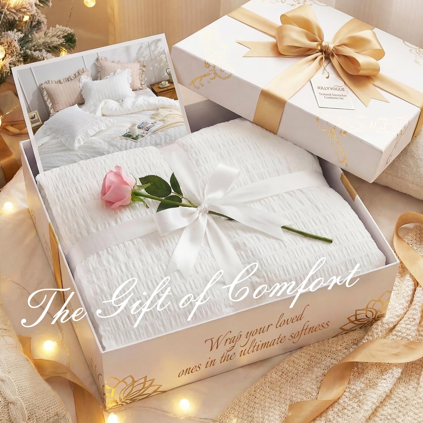 JOLLYVOGUE White Comforters Queen Size, 3 Pieces Ruffle Seersucker Queen Comforter Set for All Season, Lightweight Soft Shabby Chic Bedding Sets for Women（1 Comforter, 2 Pillowshams）