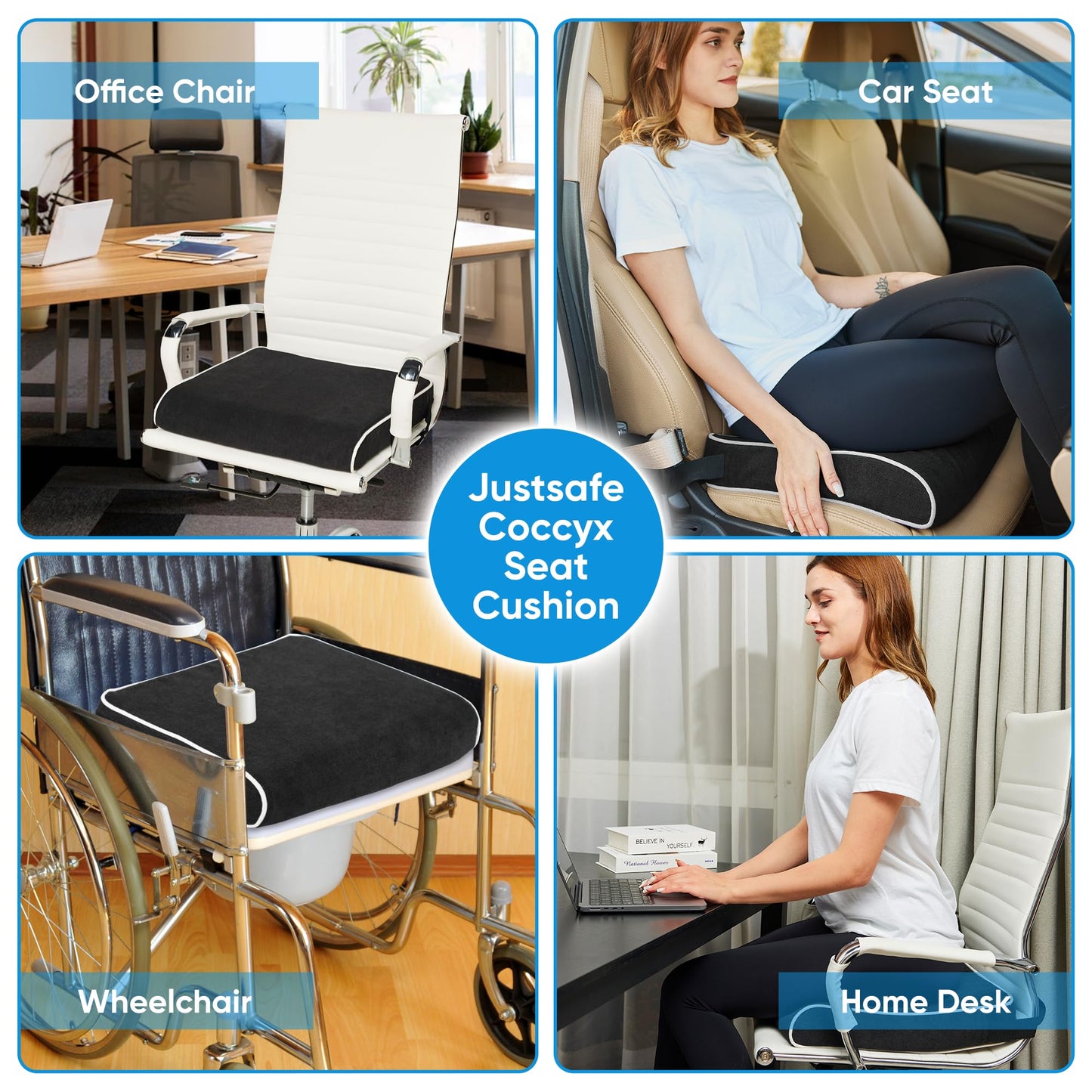 Justsafe XL Office Chair Cushion, 4 Inch Thick High-Density Memory Foam Seat Cushion for Long Sitting, Tailbone Pressure Relief, Extra Large Support for Office Chair, Car Seat, Wheelchair, Non-Slip