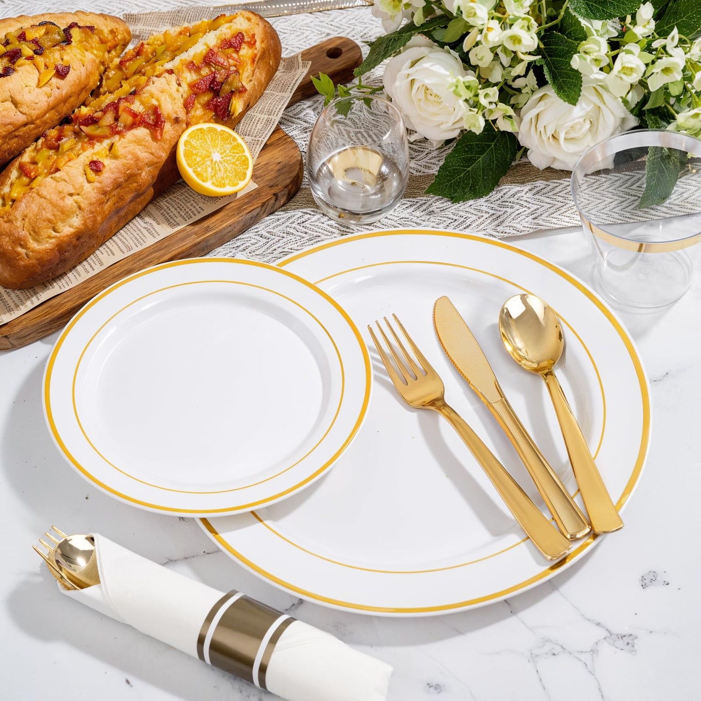 WELLIFE 350Pcs Gold Plastic Plates for 50 Guests - Plastic Dinnerware Set, Includes 100 Party Plates,150 Gold Silverware Disposable,50 Napkins,50 Cups,Disposable Plates for Party and Wedding