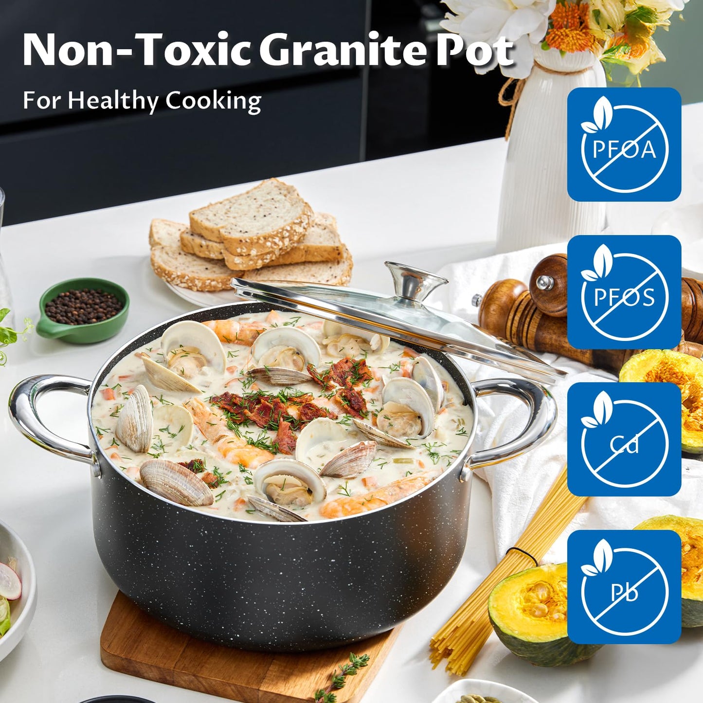 BEZIA Large 8 Quart Nonstick Stock Pot with Lid, Induction Cooking Pot Soup Pot, Non-toxic and Oven Safe, Perfect for Stews, Soups and All Stovetops, PFOA PFAS Free