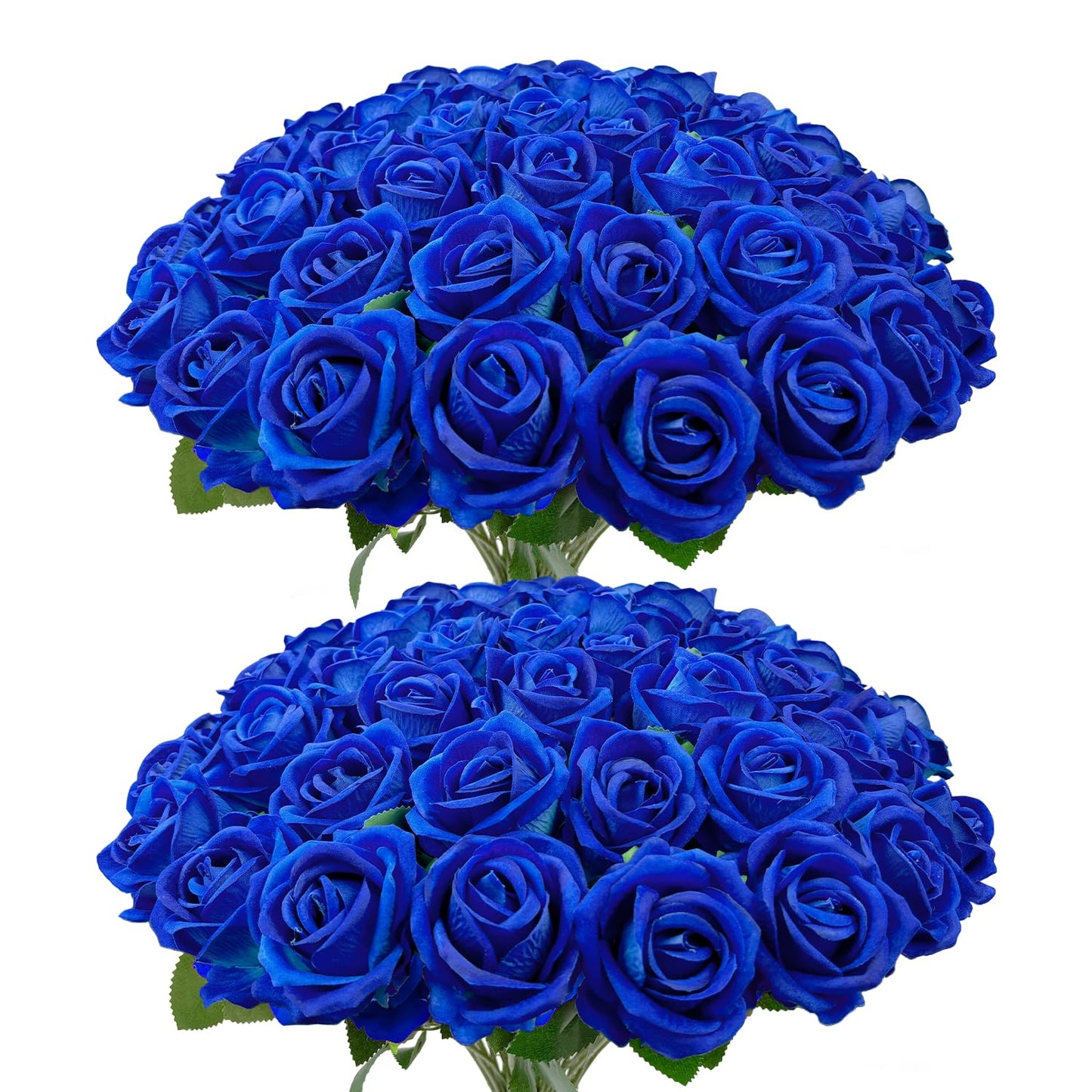 Wondrus Bulk Artificial Flowers 50 PCS, Fake Velvet Silk Blue Roses with Long Stems Realistic Bouquet for Wedding Centerpieces, Faux Arrangement for Home Table Decor