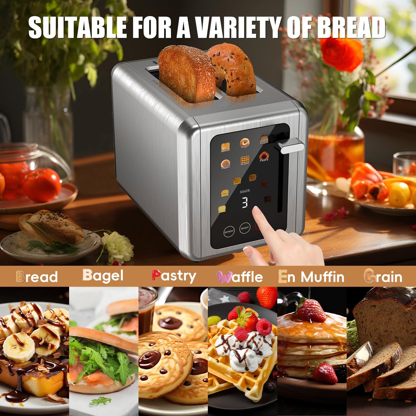 WUNLY Touch screen Toasters 2 slice, Stainless Steel Digital Timer Toaster with Sound Function, 6 Bread Types & 6 Shade Settings, Smart Extra Wide Slots Toaster with Bagel, Defrost Functions,Platinum