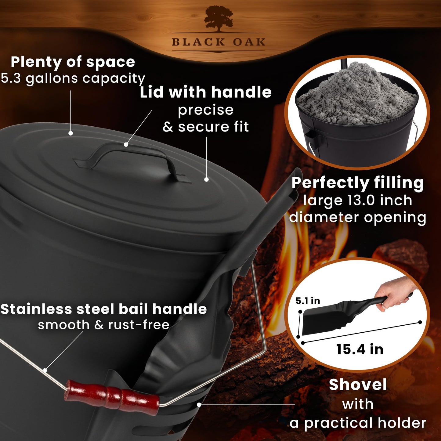 BLACK OAK Ash Bucket Stromboli 5.3 GAL –Black with lid, Shovel & Gloves –Silver Handle –Large 20L, Fireproof Galvanized Steel & Powder-Coated, ash & Coal, Fireplace, Tiled Stove, Wood-Burning Stove