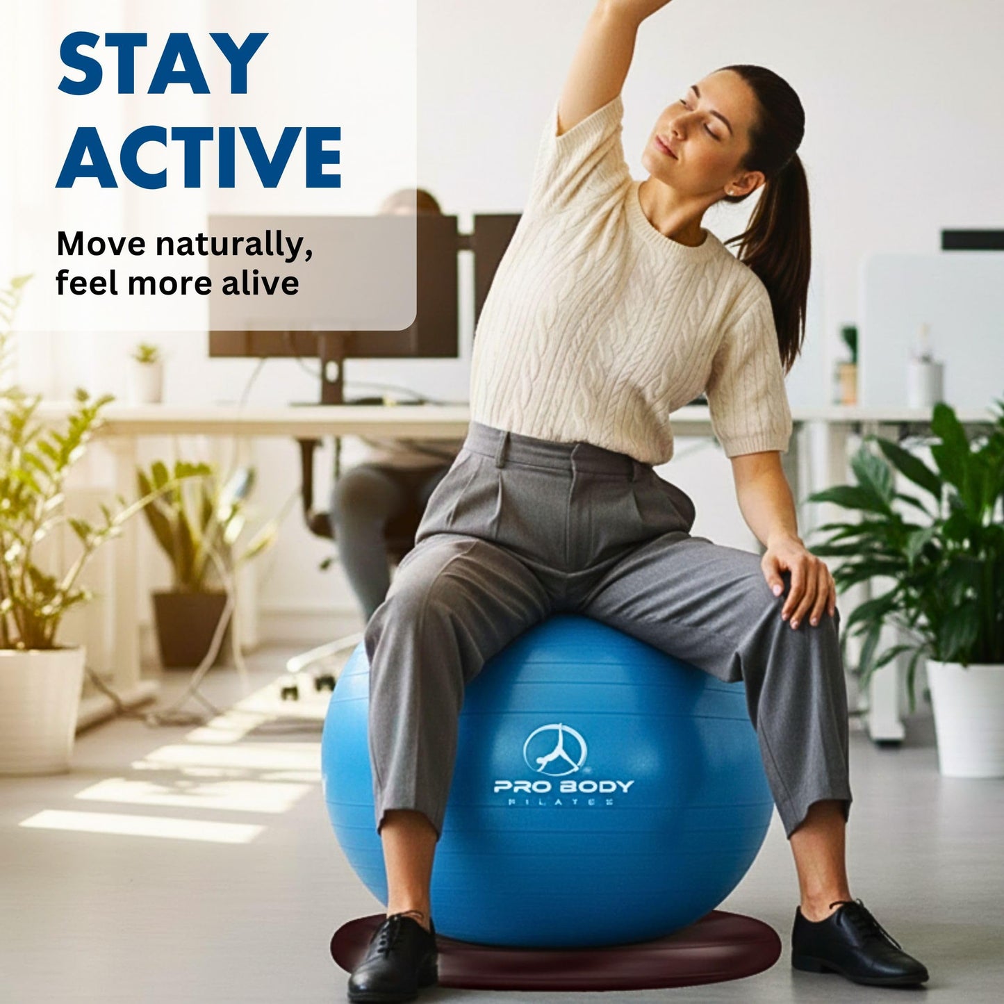 ProBody Pilates Yoga Ball Chair, Exercise Ball Chair with Base or Stand for Home Office Desk Sitting or Workout, Balance & Stability Ball Seat, Large Gym Ball for Back (Blue with Bands)