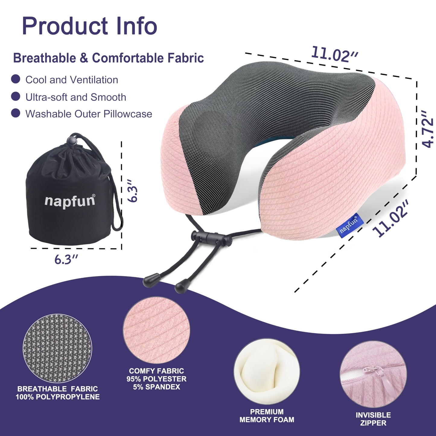 napfun Neck Pillow for Traveling, Upgraded Travel Neck Pillow for Airplane 100% Pure Memory Foam Travel Pillow for Flight Headrest Sleep, Portable Plane Accessories, Pink