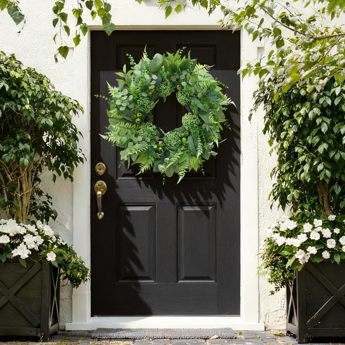 24 Inch Artificial Greenery Wreath for Front Door - Green Wreath with Eucalyptus and Fern Leaves, Spring Summer Fall Winter Eucalyptus Wreaths, Indoor Outdoor Wreath for Farmhouse Outside Year Round