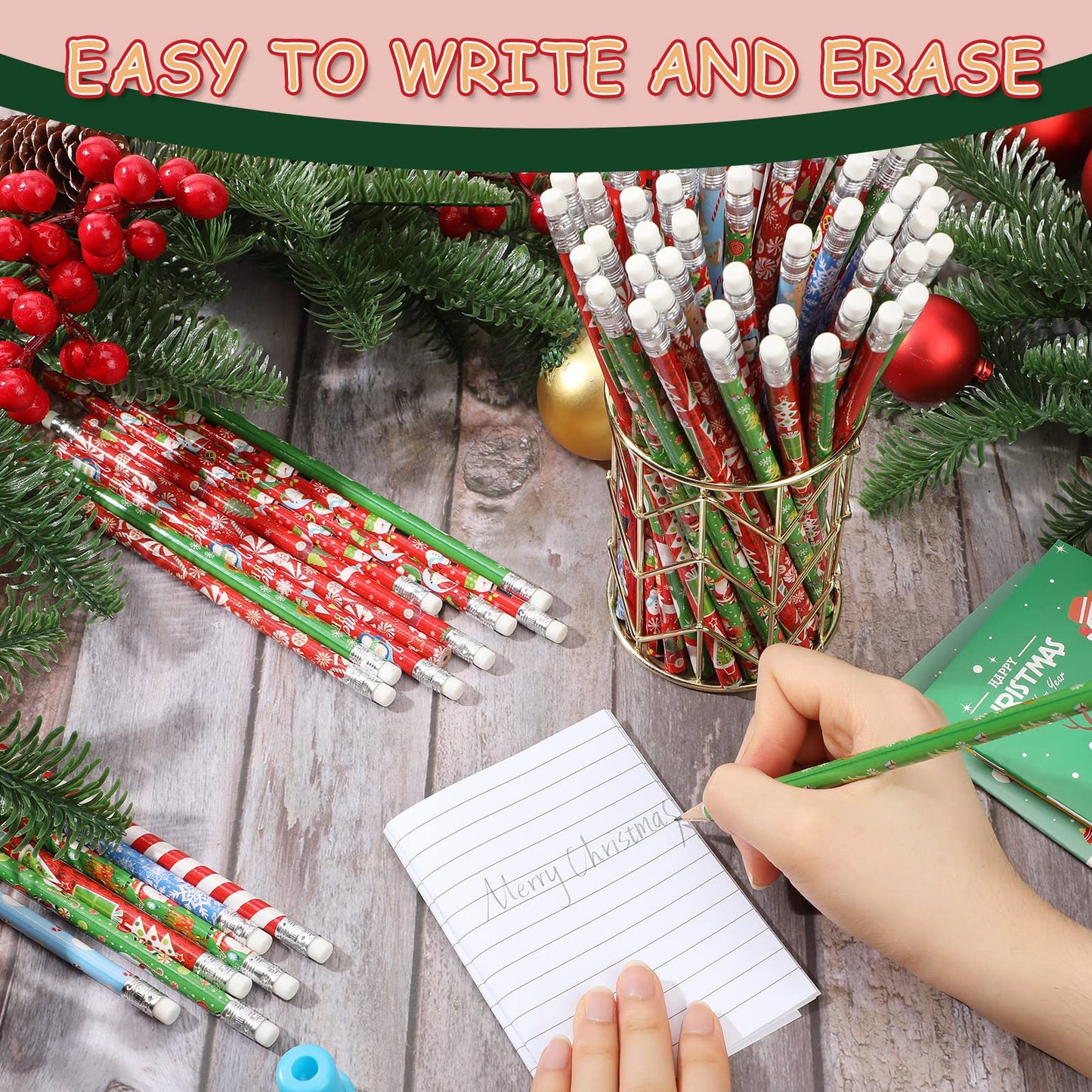 Yexiya 360 Pcs Christmas Pencils with Eraser Xmas Wood Pencils Snowman Santa Claus Christmas Tree Snowflakes Candy Assortment Xmas Stationery Pencil Office Party Favors