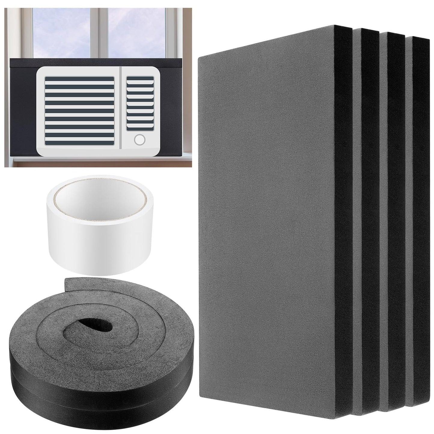 Pangda 4 Pcs Window Air Conditioner Side Insulated Foam Panel, Ac Side Surround Panels Kit with Top Seal Strip, Air Conditioner Accessories Seal for Summer Winter Indoor, 17 x 9 x 7/8 Inch (Black)