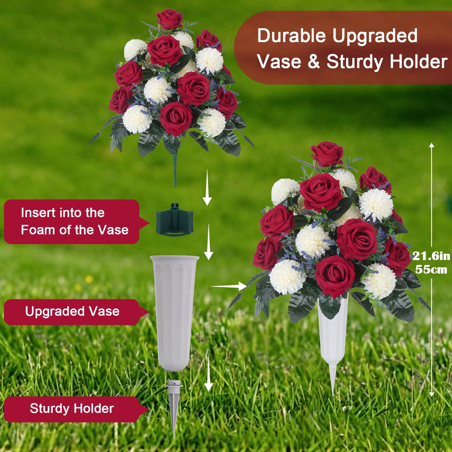 Luabue Artificial Cemetery Flower Headstone Flower Saddle 2 Chrysanthemum Rose Bouquets with Vase Memorial Flowers Grave Saddles for Headstone Outdoor Grave Tombstone Decor (Red White)