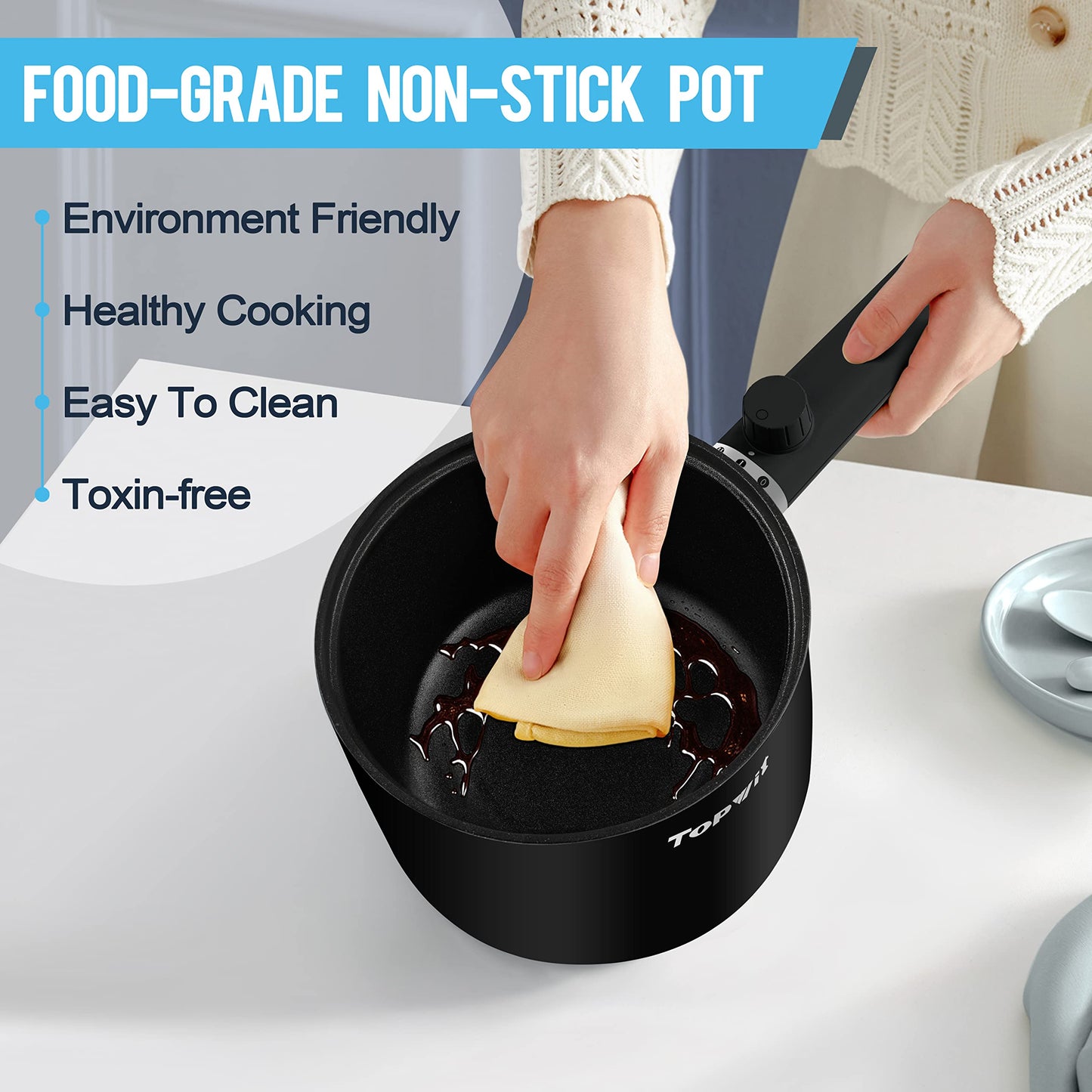 Topwit Hot Pot Electric with Steamer, 1.5L Ramen Cooker, Non-Stick Sauté Pan, Portable Cooking Pot, Electric Cooker with Dual Power Control, BPA Free, Over-Heating & Boil Dry Protection, Black