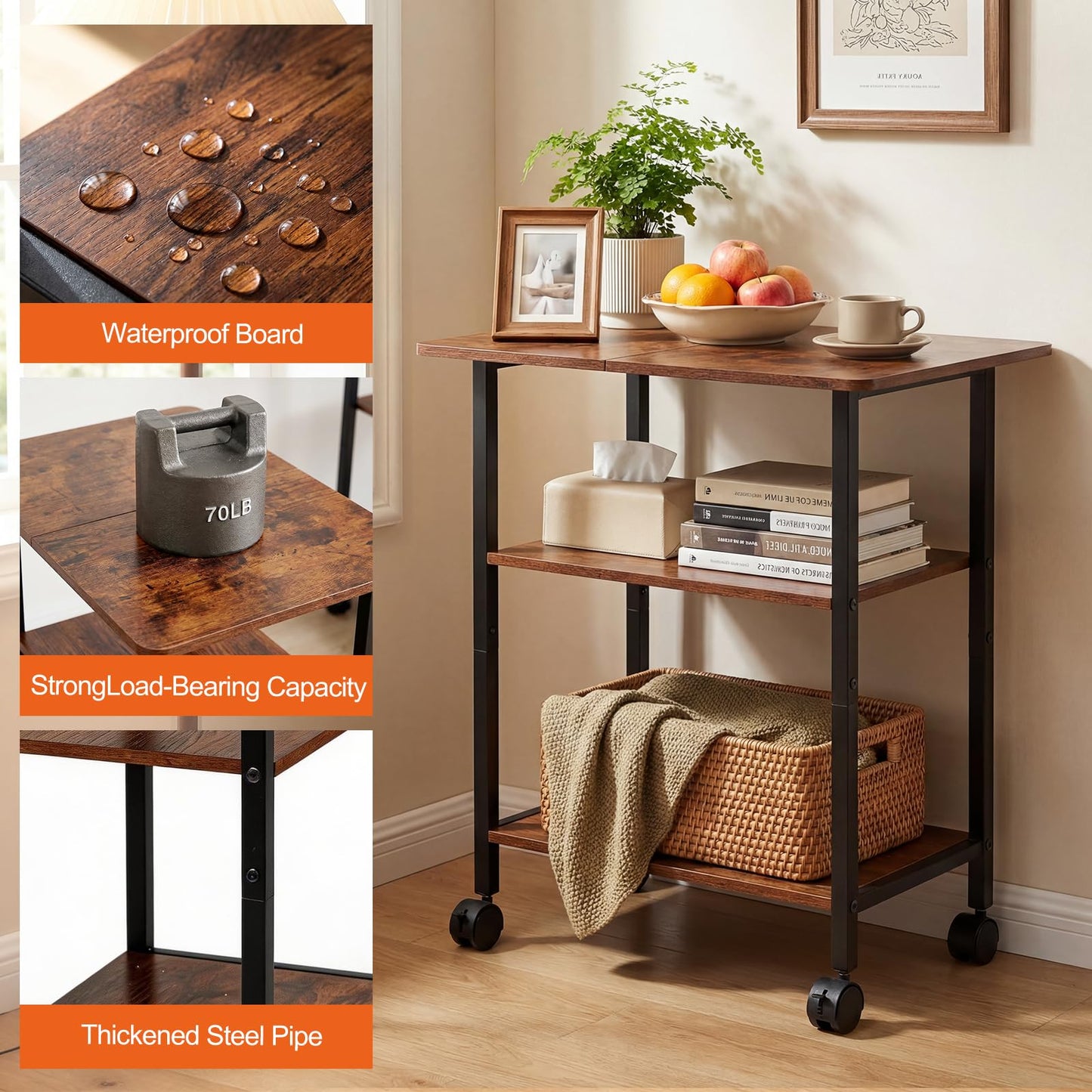 King Oasis 3-Tier Printer Stand with Wheels, Industrial Mobile Printer Cart with Storage Shelf for Home Office Organization, 3D Printer, Side Table for Living Room, Bedroom, Rustic Brown