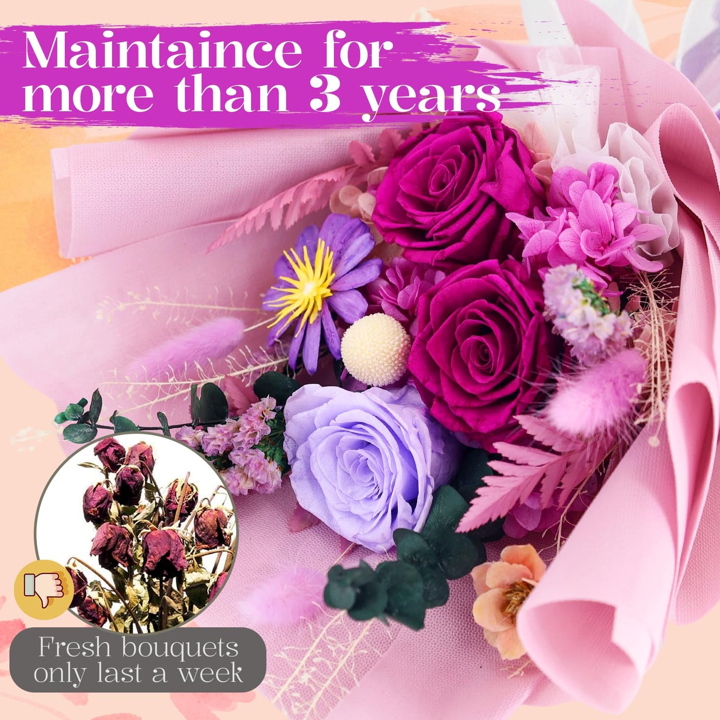 jabeick Preserved Flowers for Delivery, Purple Flowers Fresh Bouquet with Gift Box, Forever Eternal Rose for Her Mom Wife Girlfriend on Christmas, Valentines Day, Mother's Day, Birthday