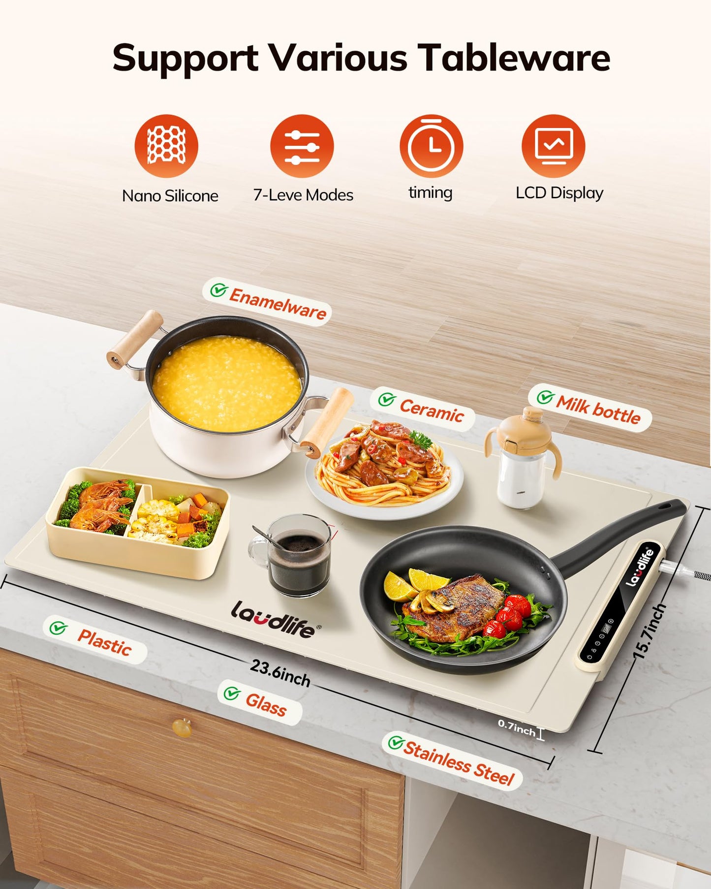 Food Warming Mat 24x16 Inches, Electric Warming Tray with 7 Temps, Foldable Food Warmer for Parties, Buffets, Family Gatherings, Holiday & Sabbath, Child Lock, Heating Mat for Food, Beige