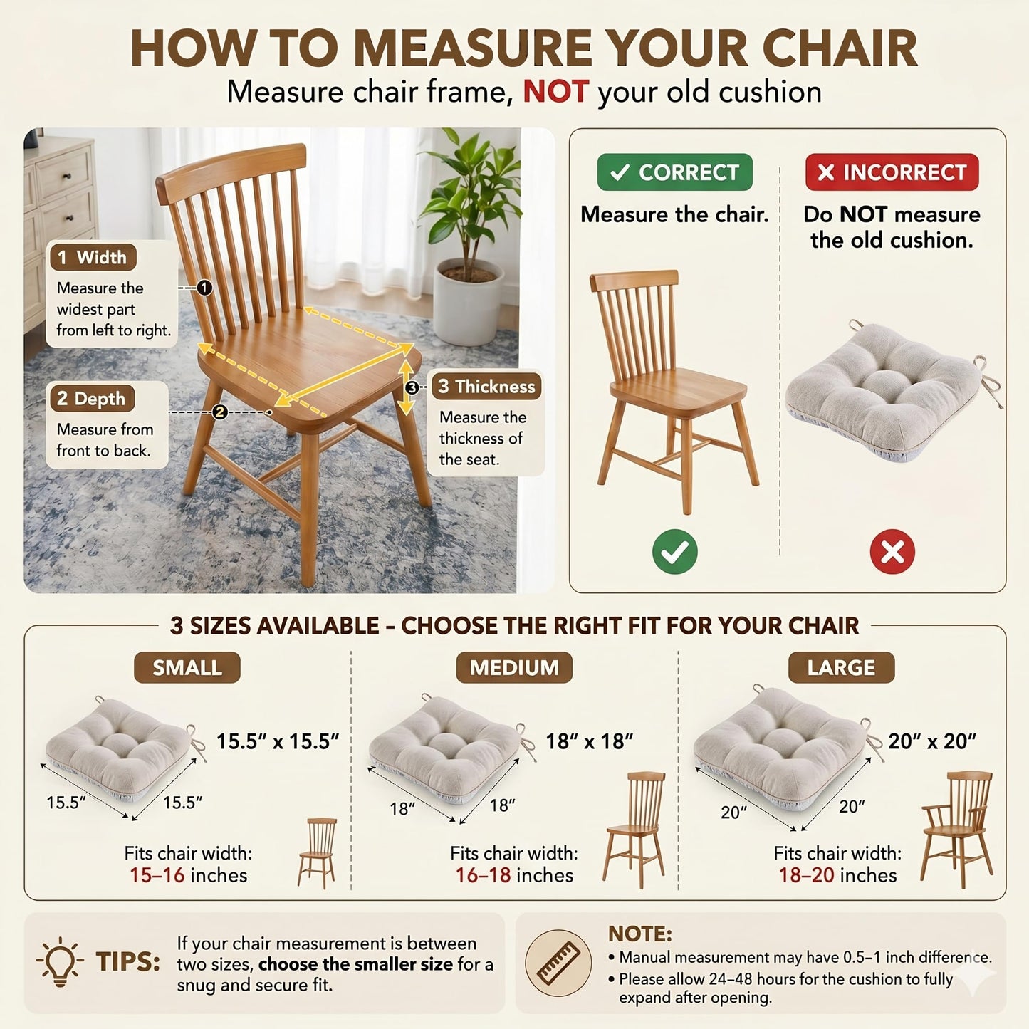 BETU Chair Cushions for Dining Chairs Set of 4,3.5" Thick Kitchen Table Chair Pads with Ties,Non Slip Backing and Covers, Seat Cushion for Dining Room,Bar,Patio Chairs,15.5"X15.5"X3.5",Beige
