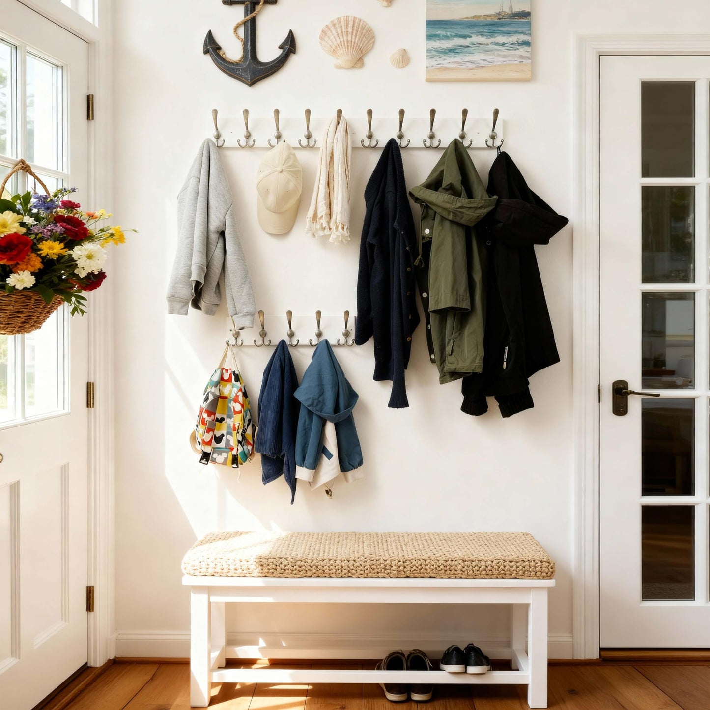 SKOLOO Creations White Solid Wood Wall Mounted Coat Rack, 10 Hooks, 38-1/8" Long - Kitchen, Mudroom, Entryway, Bathroom - Includes Mounting Hardware, Wall Coat Hanger, Towel Rack