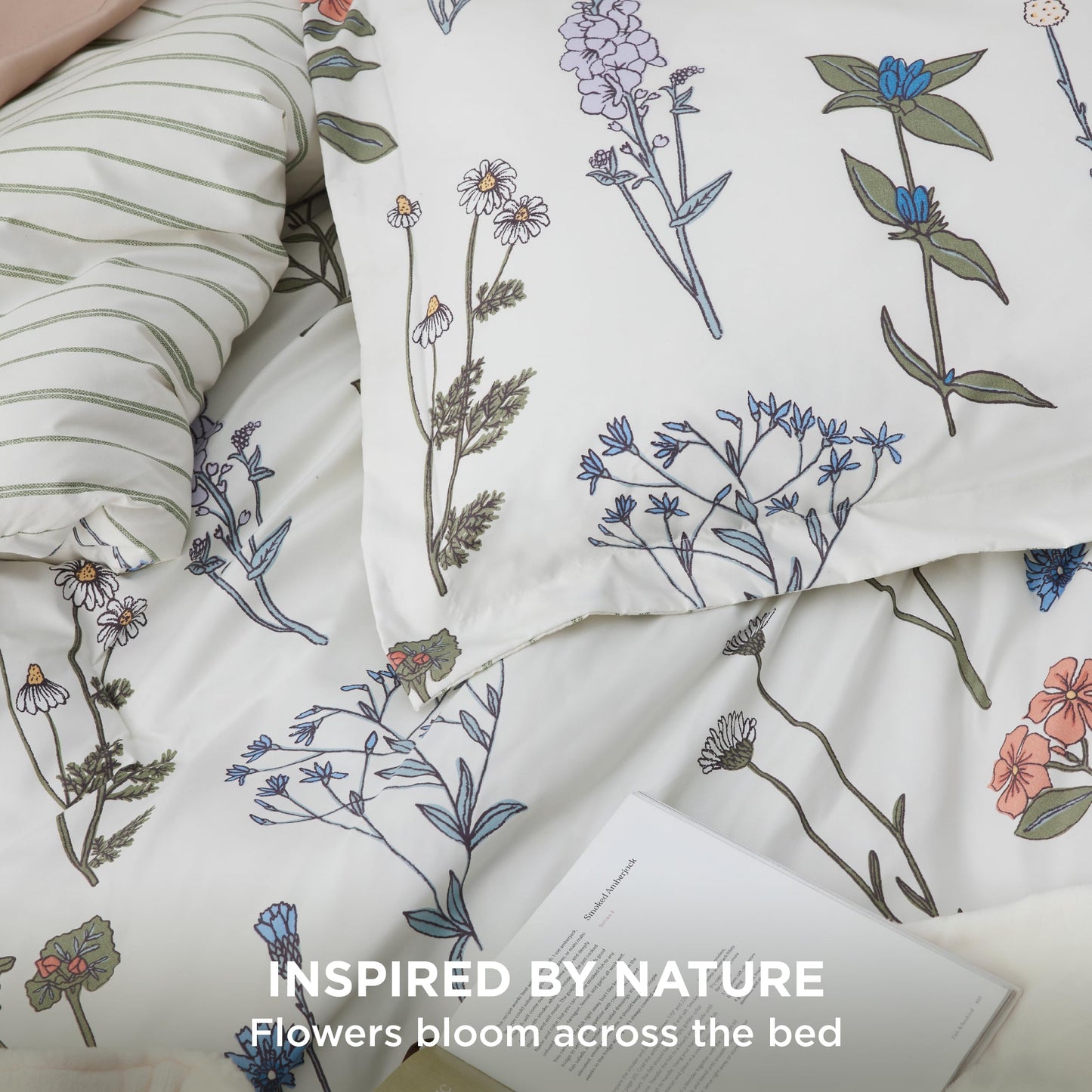 Bedsure Floral Queen Comforter Set – White Comforter, Reversible 3-Piece Bedding Set, Coconut White Botanical Print & Green Striped Pattern, Coquette Aesthetic for Women Girls