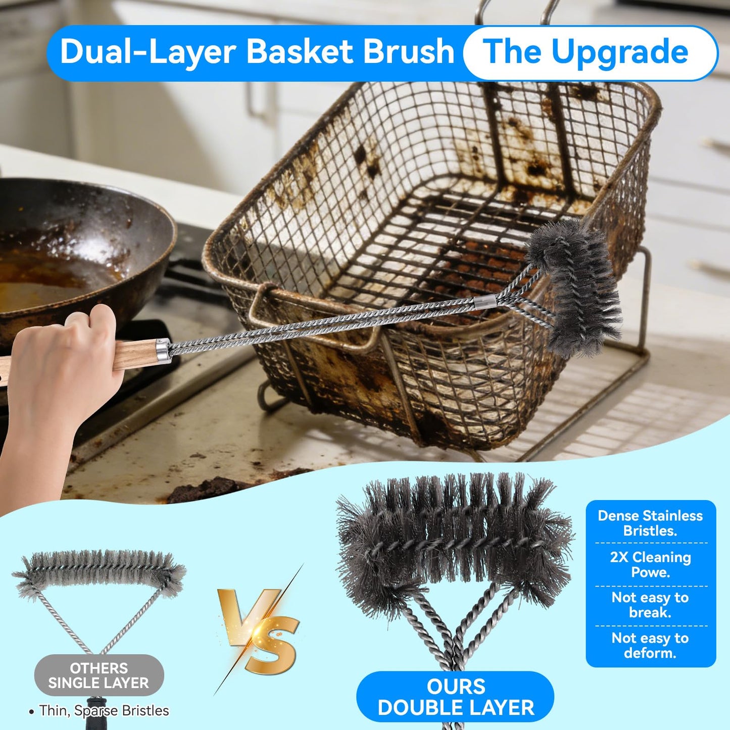 4-Piece Professional Deep Fryer Cleaning Kit - Commercial Stainless Steel Set with Dual-Layer Basket Brush, 3-in-1 Grill Scraper, L-Shape Brush & Drain Wand