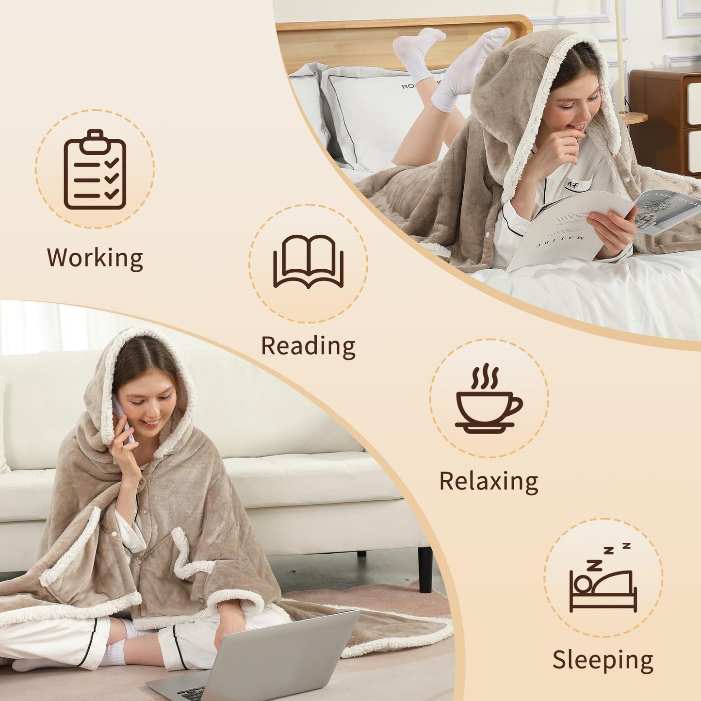 ESTINGO Wearable Heated Blanket Electric Throw, Heated Shawl with 6 Heating Levels and 1-4 Hours Auto Off, Heated Hoodie Women for Mom Women Seniors Grandma 50"×64" Light Beige