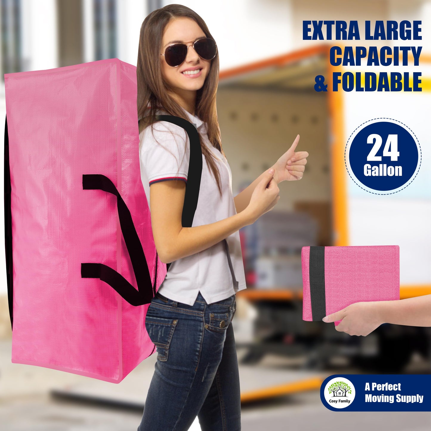 Cosy Family 8 Pack Heavy Duty Extra Large Moving Bags with Backpack Straps - Strong Handles & Zippers, Storage Totes For Space Saving, Fold Flat, Alternative to Moving Box, Pink