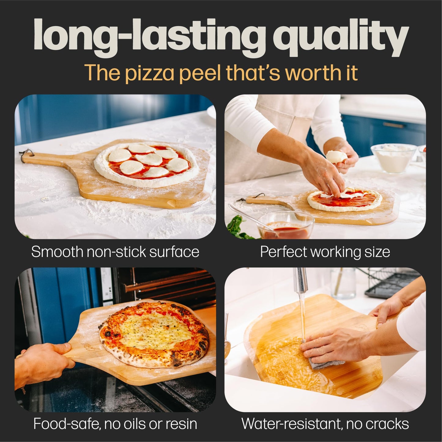HANS GRILL Wooden Pizza Peel 12 Inch - Bamboo Wood Pizza Peel 12 Inch Paddle For Oven - Restaurant Grade Natural Bamboo Paddle, Multi-use Spatula - Large Wooden Board For Serving and Transferring