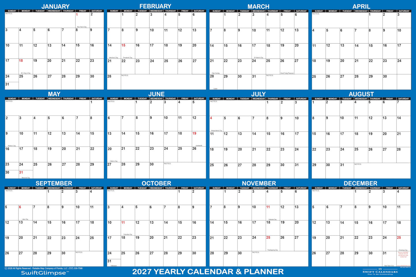 24" x 36" SwiftGlimpse 2027 Wall Calendar Erasable Large Wet & Dry Erase Laminated 12 Month Annual Yearly Wall Planner, Reversible, Horizontal/Vertical, Dark Blue