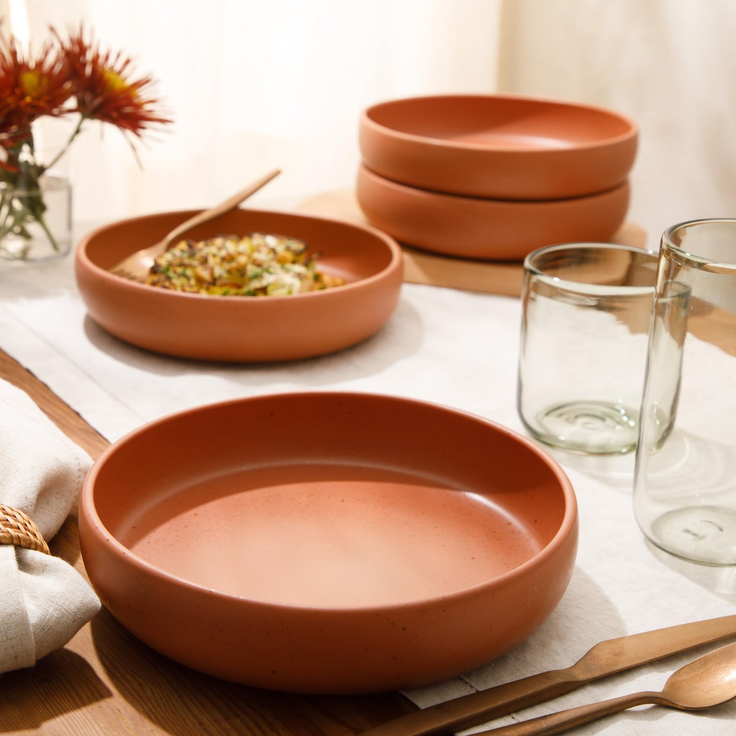 Bloomhouse - Two Time Oprah's Favorite Things Winner - Corsica Clay 4-Piece Dinner and Pasta Bowl Set – Burnt Apricot Terracotta Stoneware for Meals, Serving & Everyday Use