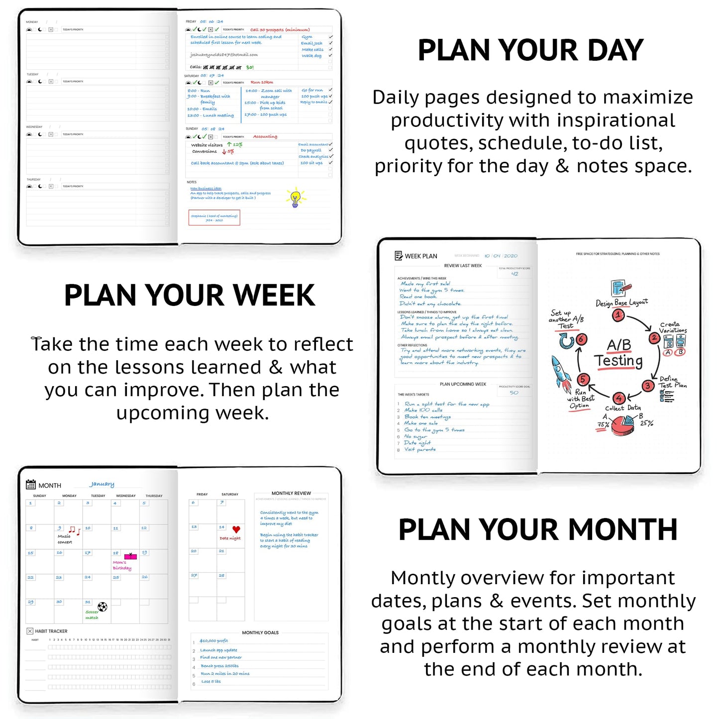 Wyze Planner Undated Daily Planner – 1-Year B5 Productivity Organizer with Two-Page Weekly Spread, ADHD Friendly, Goal Setting, Habit Tracker, Weekly & Monthly Pages – Hardcover Time Management Notebook (Black)