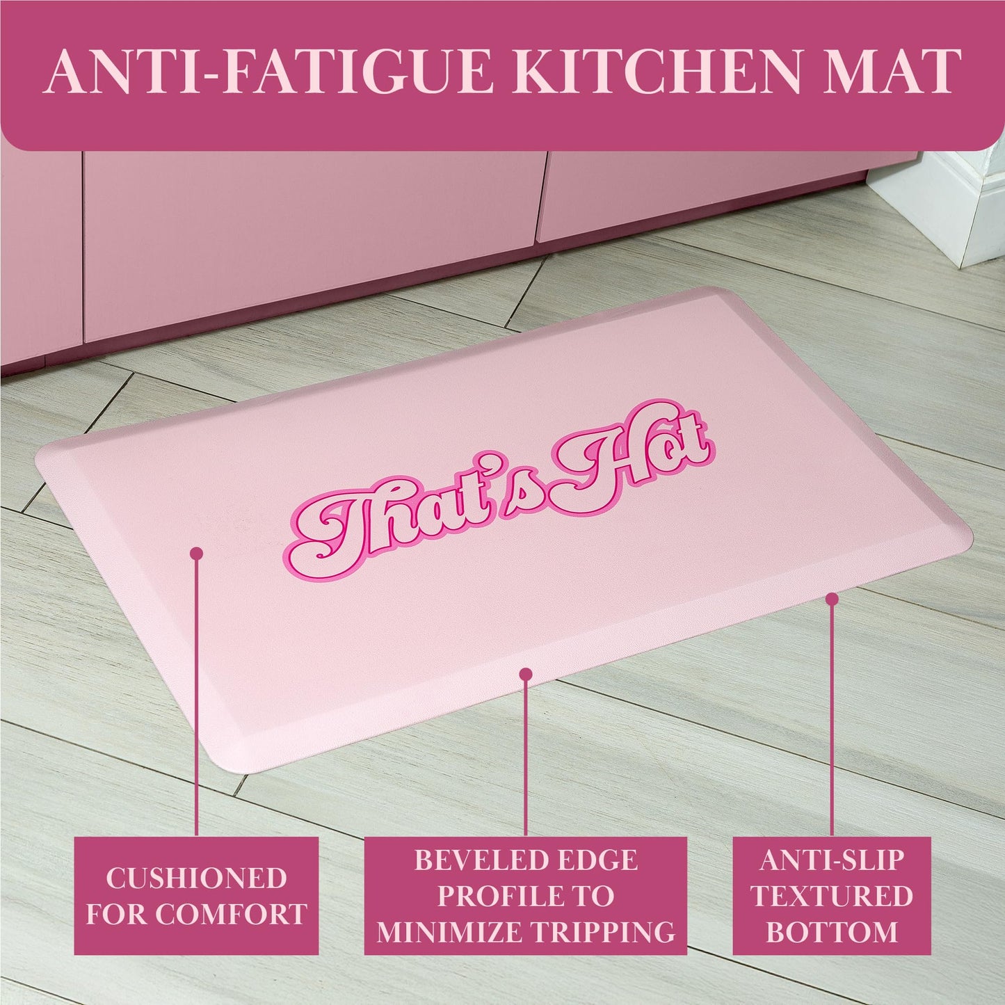 Paris Hilton Anti-Fatigue Kitchen Mat, Cushioned Comfort Mat with Anti-Slip Base, That’s Hot Design, 29.5-Inch x 17.25-Inch, Pink