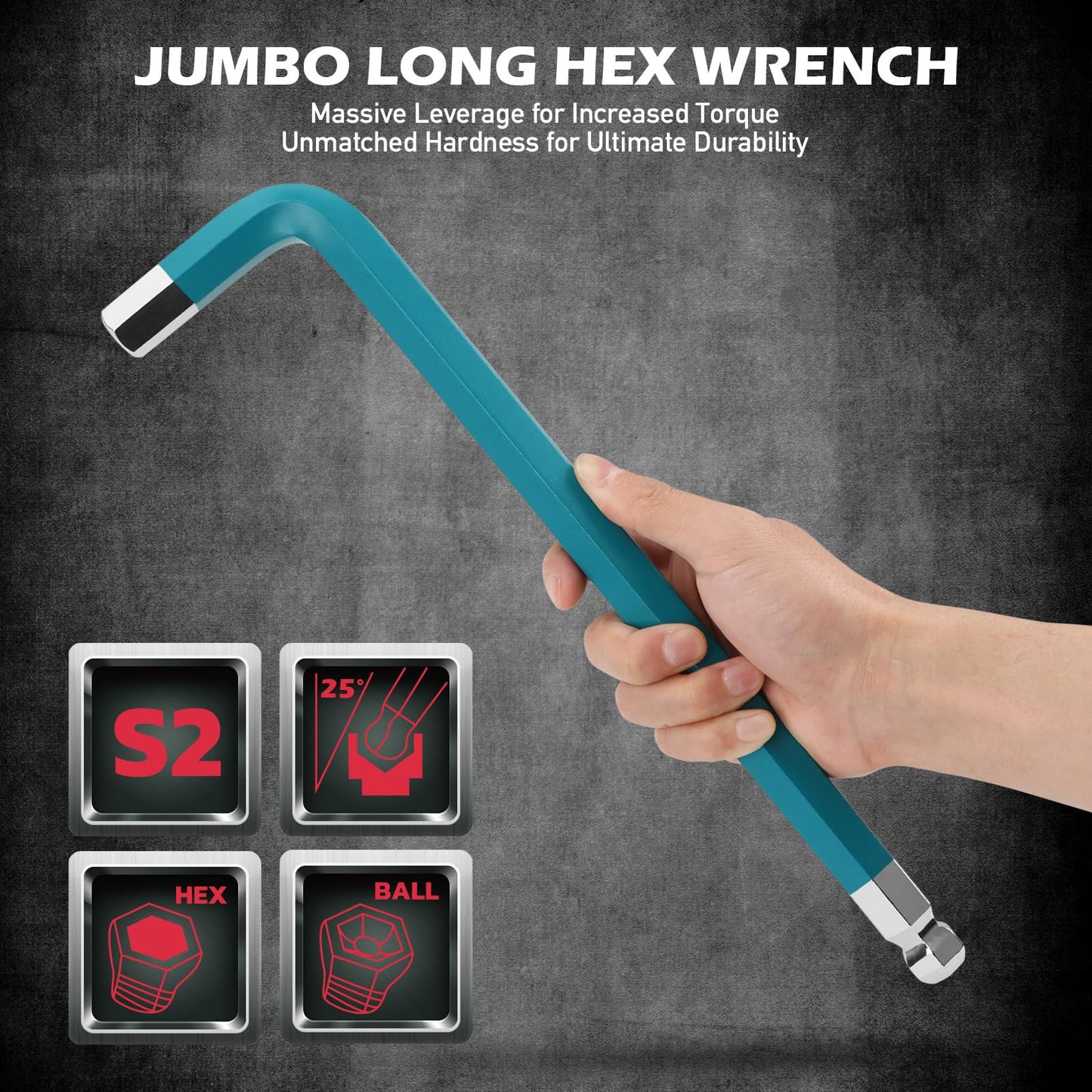 13-Piece Color Coding Jumbo Ball End Long Arm Hex-Key Large Allen Wrench Set, Metric (2-19MM) Anti-Slip Long Ball End Hex Wrench Set, Chrome Vanadium Steel, for Automotive, Bicycle Repairs and DIY