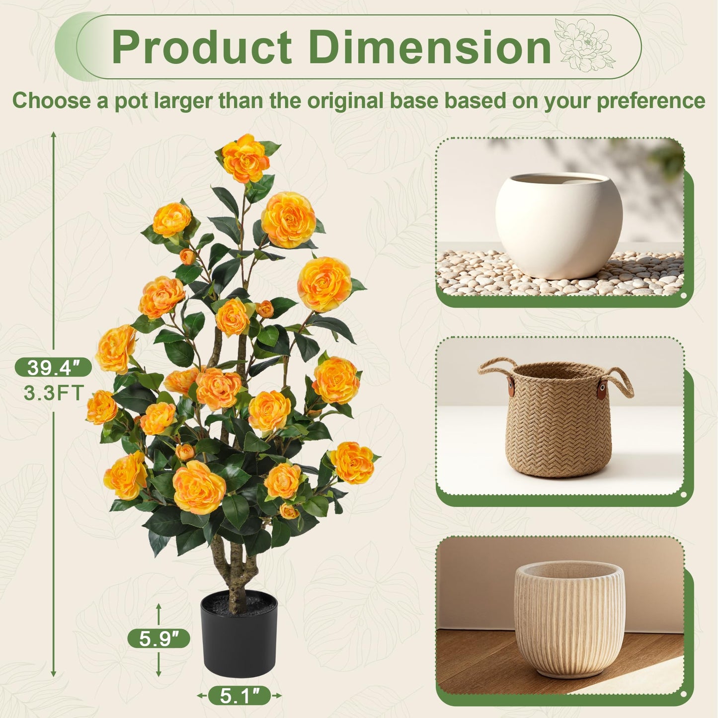 TreeTrip Artificial Camellia Tree 3.3 FT 2 Pack, Christmas Decor Fake Camellia Plant with Blooming Flowers&Natural Wood Trunk, Greenery Faux Potted Plant for Home Office Winter Indoor (Orange, 3.3FT)