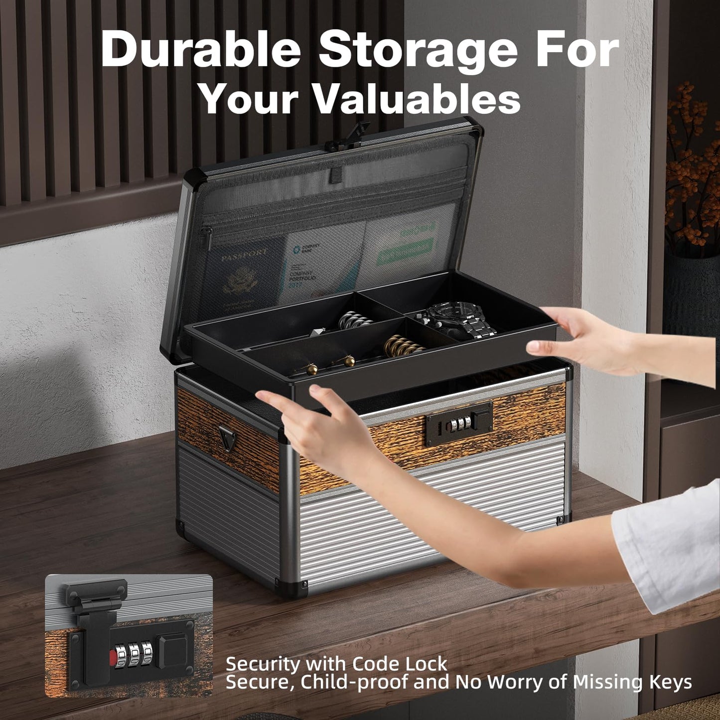 Glosen security lock box with code medicine lock box for Personal Items (Medium size 12inch Black) Lockable Dorm Storage Trunk with code Lock - Briefcase