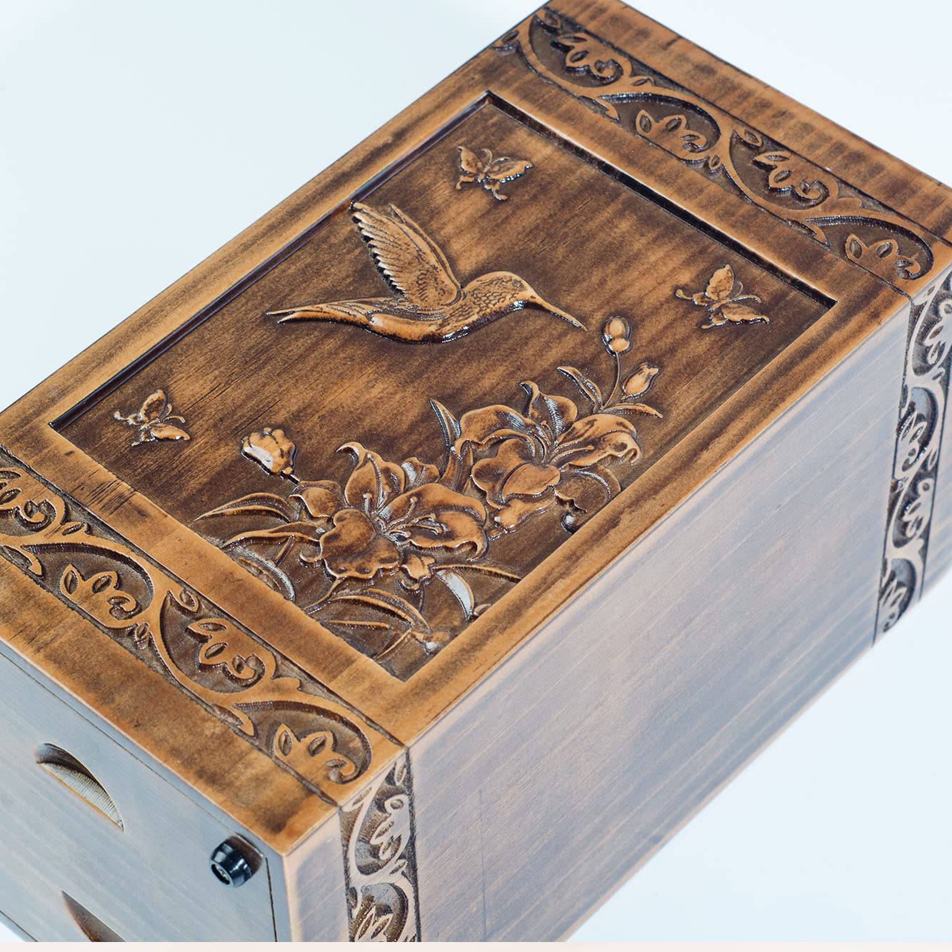 engmvwod Handmade Wooden Engraved Urn for Human Ashes 250lbs Adult Male Female Satin Bag Hummingbird Cremation urns Box