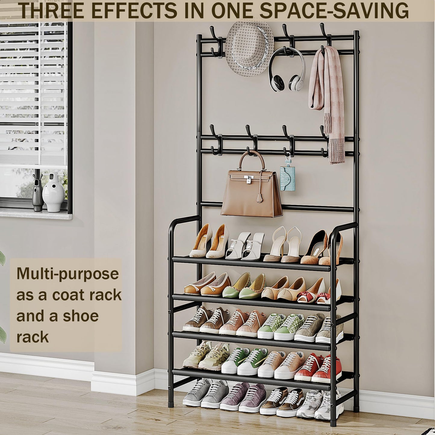 YIZAIJIA Coat Rack Shoe Rack With Storage Shelf Freestanding with 8 Hooks for Entryway Bedroom Closet 4 Tier, Black
