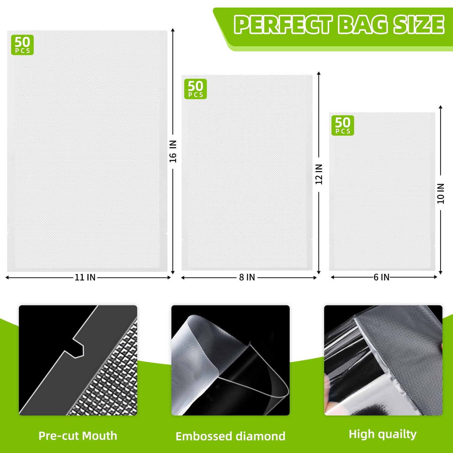 Vacuum Sealer Bags for Food Storage,Anti-Puncture 150Pack Gallon 11"x 16",8"x 12" & 6"x 10" Precut Food Vacuum Seal Saver Bags for Sous Vide,Meal Prep,Microwave,Commercial Heavy Duty Embossed,BPA-Free