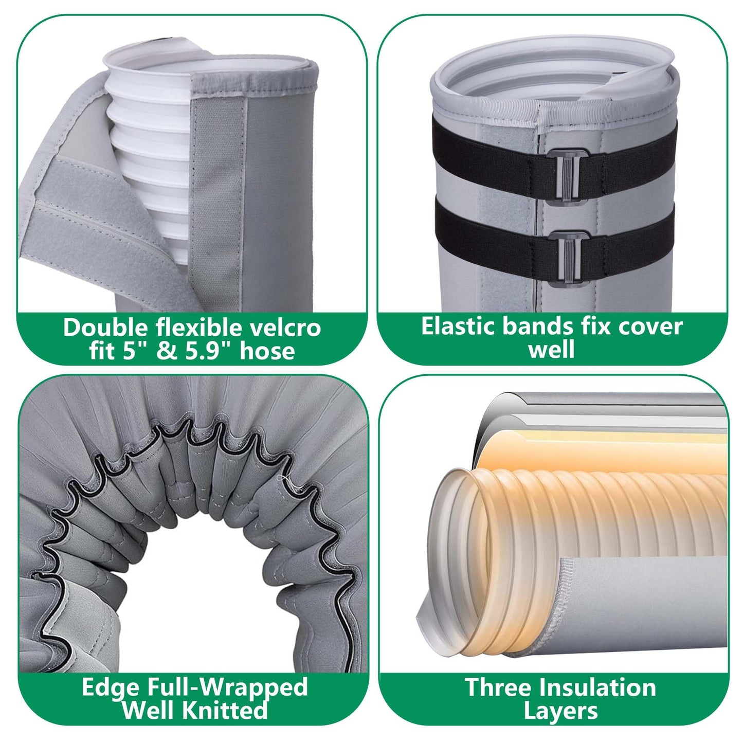 2 Pcs Portable AC Hose Insulation Sleeve, Air Conditioner Hose Cover Wrap, Fits 5" & 5.9" Diameter Exhaust Hose, Easy Installation AC Duct Insulation Wrap, Light Gray