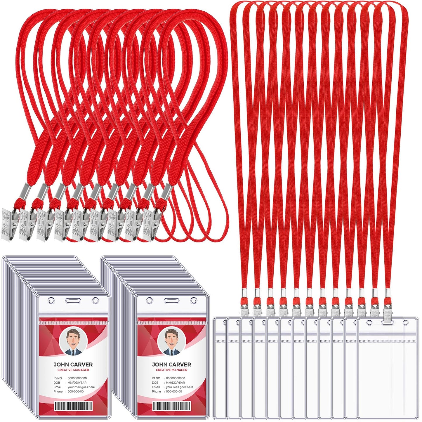 Marspark 300 Pcs ID Badge Holder with Lanyard Lanyards for ID Badges Resealable Flat Neck Name Tag with Clip Waterproof Plastic Clear Badges Bulk for School Office Supplies (Red)