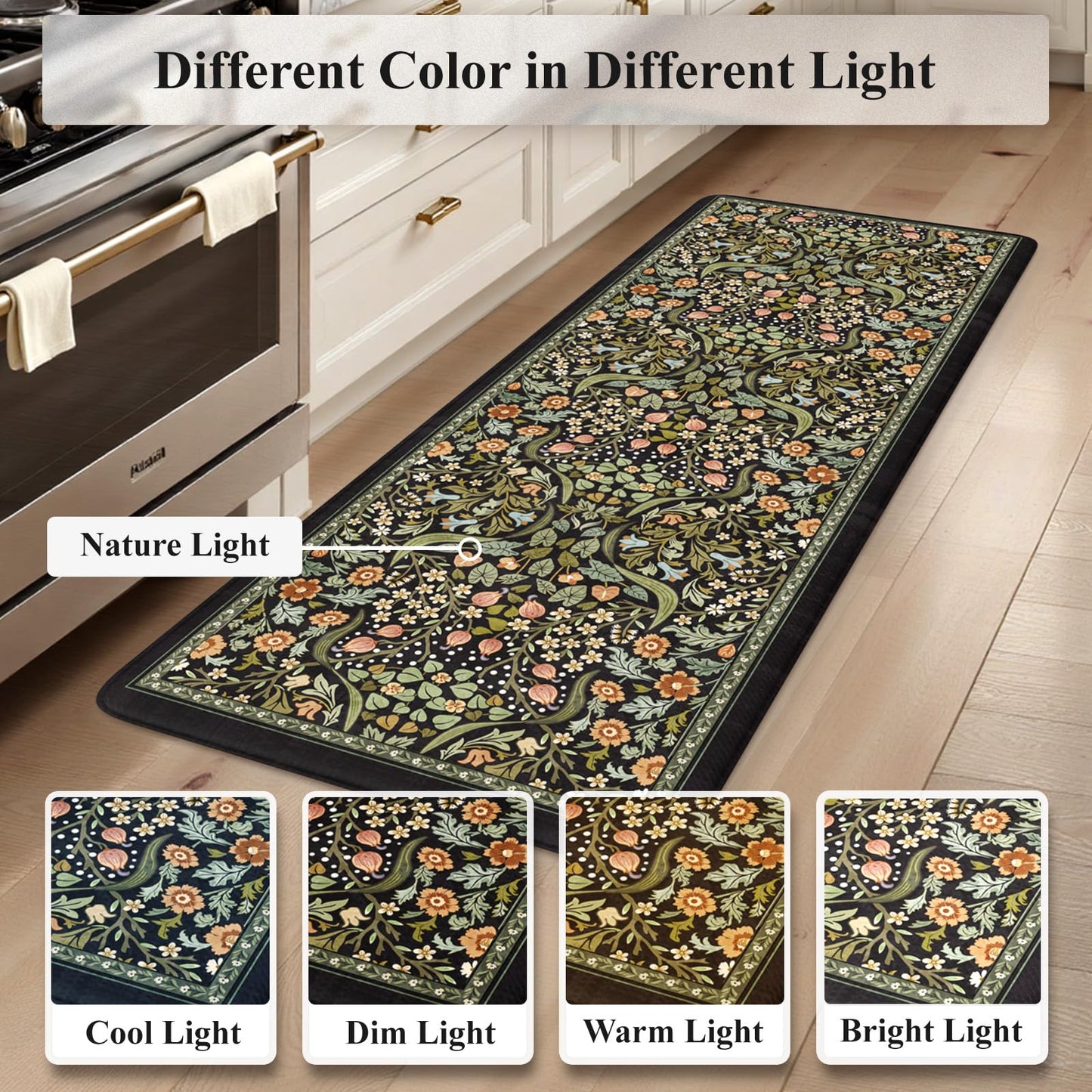 Collive Kitchen Floor Mat Cushioned Anti Fatigue, Boho Floral Desk Mats Non Skid Waterproof Kitchen Sink Rugs Sets of 2, Memory Foam Comfort Standing Carpet for Office, 20" x 47" + 20" x 32", Black