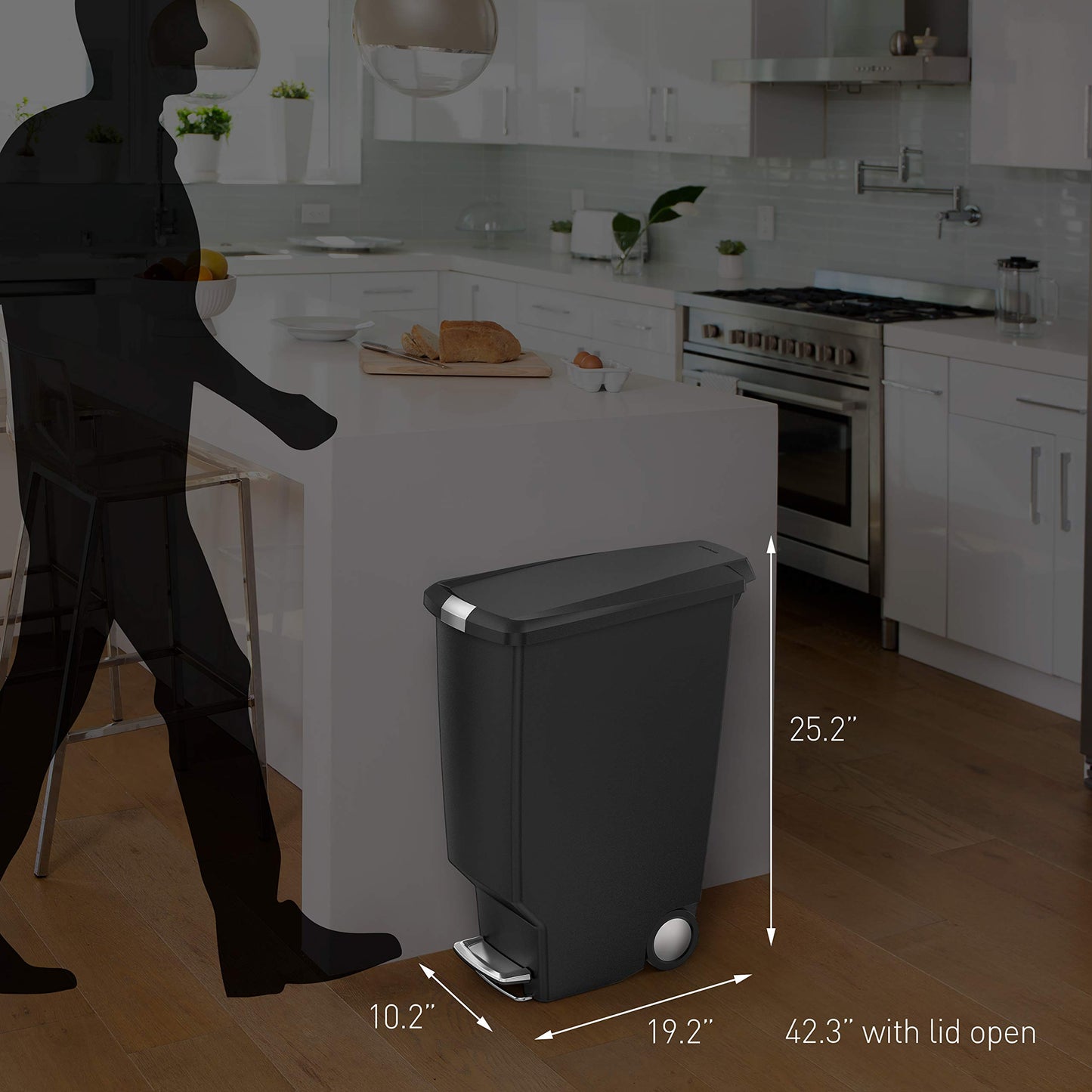 simplehuman 40 Liter / 10.6 Gallon Slim Kitchen Step Trash Can With Secure Slide Lock, Grey Plastic