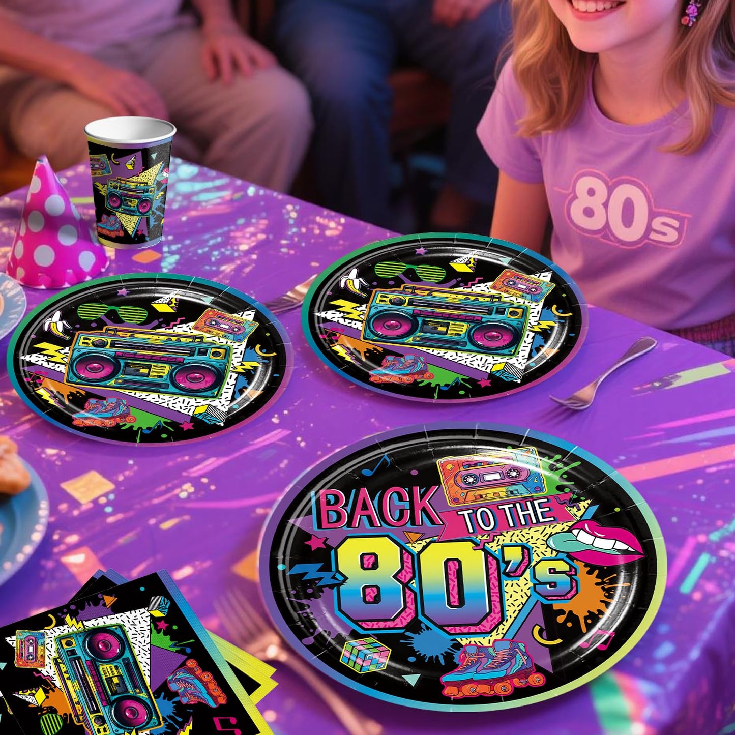 277pcs 80s Party Decorations Serves 25, All-in-one Set with Back To The 80's Backdrop Tableware Balloon Arch Tablecloth Balloon Box Cupcake Topper Table Decor, Etc. for 80s Party Decorations
