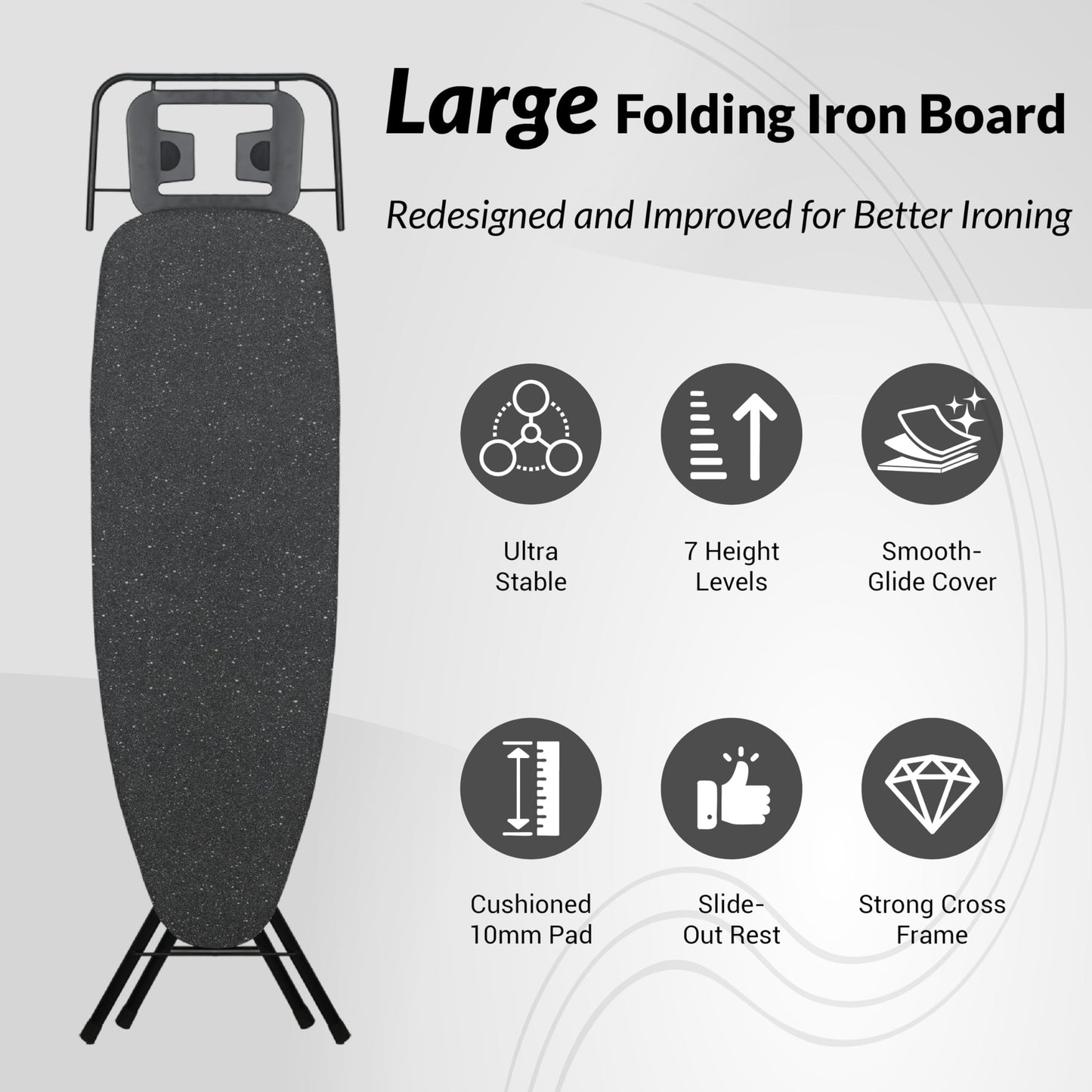 ZOES HOMEWARE 2026 Enhanced Ironing Board, Folding Iron Board with Retractable Iron Rest& Hook, 7-Level Height Adjustable Ironing Table with Thermo-Reflective Surface &10mm Thicken Pad, 43"x14"x36"