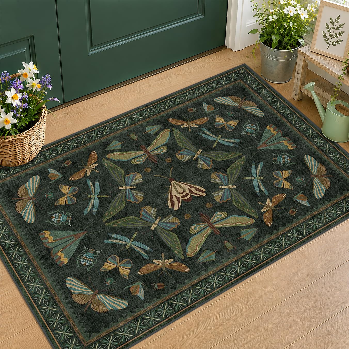 Hazo Haus 2x3 Entry Way Rugs Indoor - Dark Green Small Throw Rug for Kitchen, Bathroom, Insect Boho Design, Washable Non Slip Stain Resistant