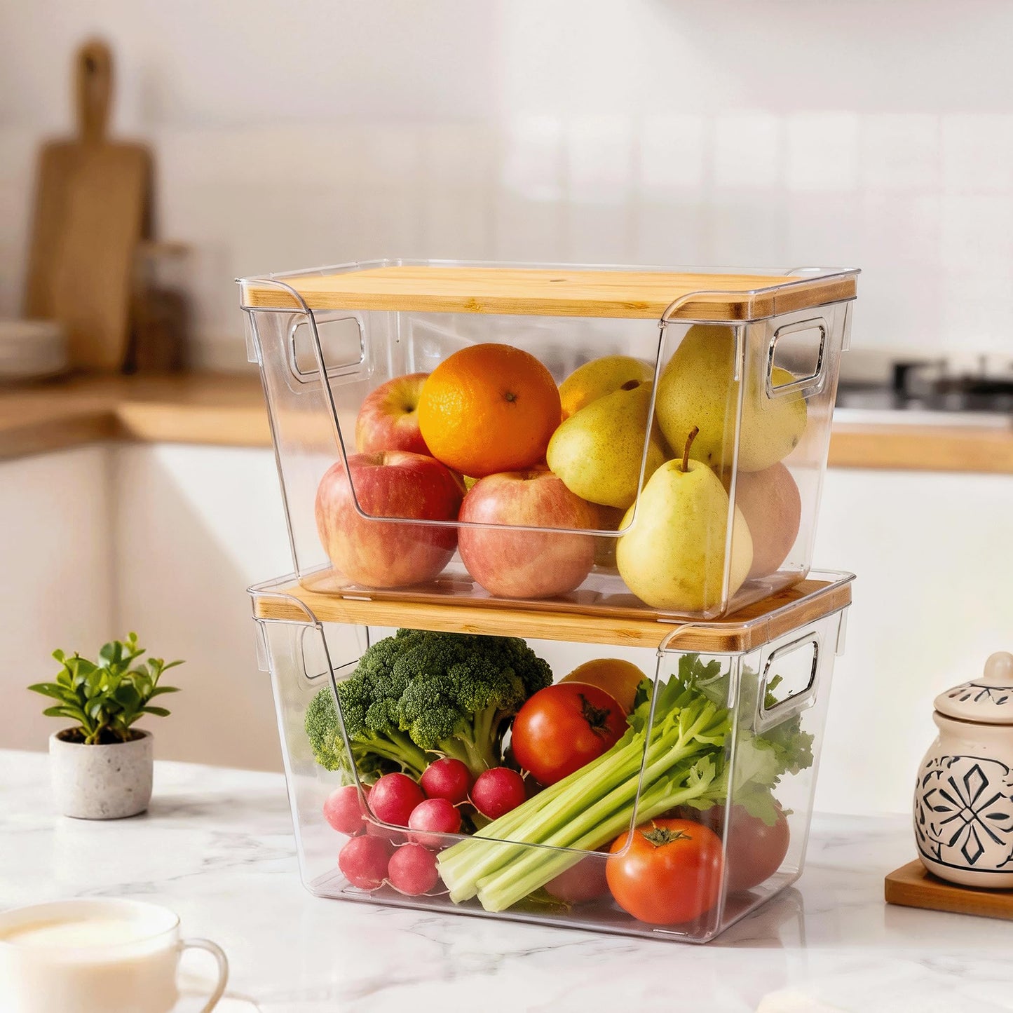 Criusia 2 Set Pantry Organizers and Storage with Bamboo Lids, Stackable Clear Bins for Onion, Potato, Fruit, Vegetables, Trash Bag Dispenser, Kitchen and Under Sink Organizer
