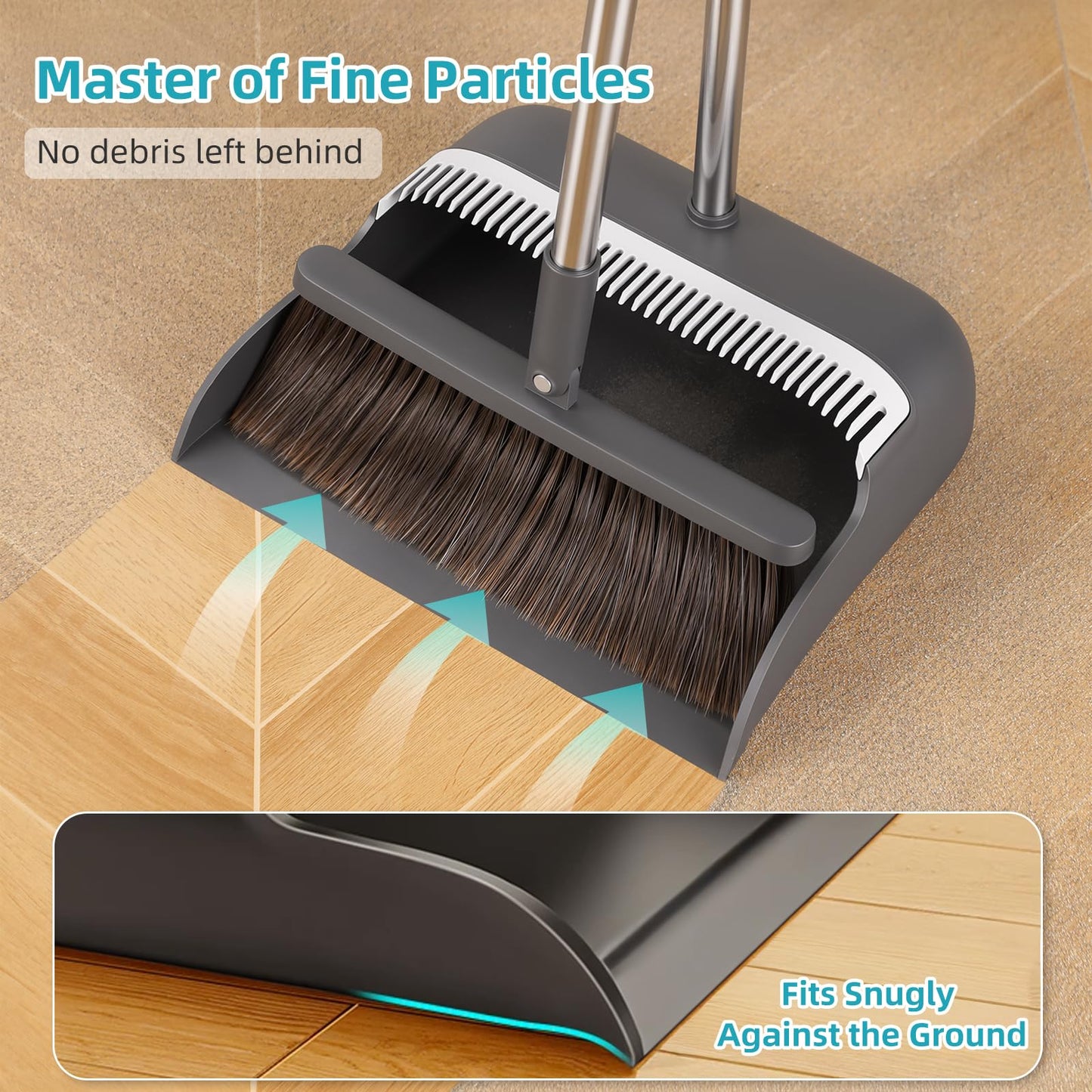 MOPALL Broom with Dustpan Combo Set with 52.5" Extra Long Handle, Self-Cleaning Dustpan Teeth for Dog Cat Pets Hair, 180° Swivel Brooms Head for Sweeping Indoor, Includes 2 Broom Heads