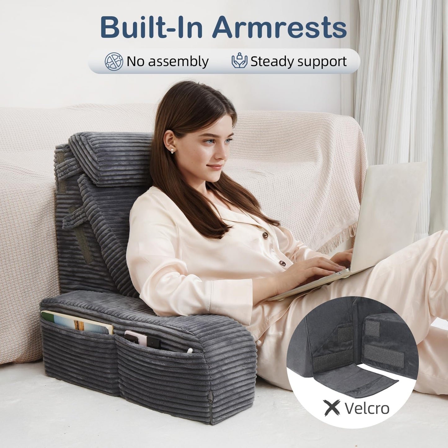 Vekkia Adjustable Reading Pillow & Back Pillow with Backrest – Zoned Multi-Density Foam for Targeted Support, XL Side Pockets – Bed Chair for Reading, Gaming, Relaxing & Post-Surgery Recovery