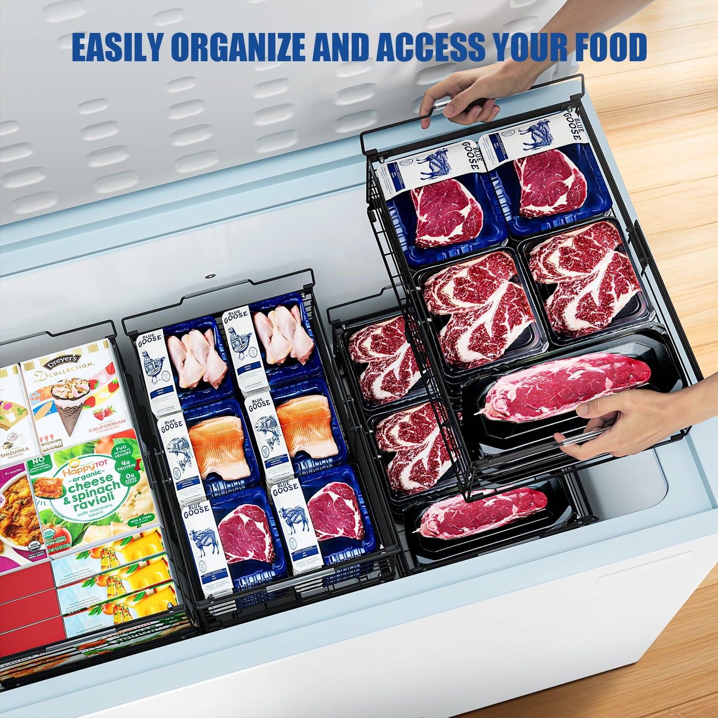 2Pcs Freezer Organizer Bins,11 to 17 inchs Large Scalable Stackable Freezer Storage Containers,Deep Freezer Organizer Bins Effectively Classify Food,Foldable Side Handles for Extra Storage Space