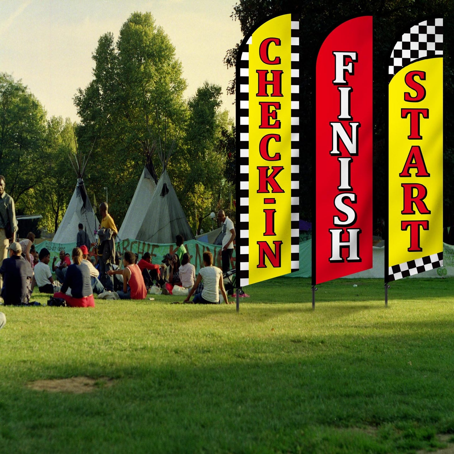 Hillsuren Start Finish and Check-in Advertising Package of 3 Feather Banner Red Yellow Swooper Flag Kits for Marathons, Races, Special Events, Poles Not Included