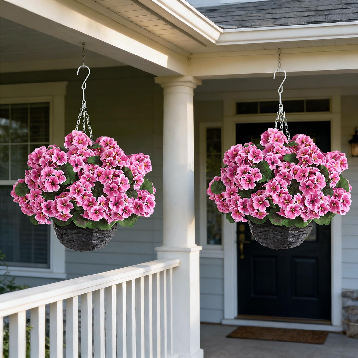 GLIDLION 2 Set Artificial Geraniums Flowers with Hanging Baskets for Outdoors - Sun Resistant Silk with Geranium Flowers, Fake Hanging Planters for Front Porch Garden Patio Home Decor (Pink)