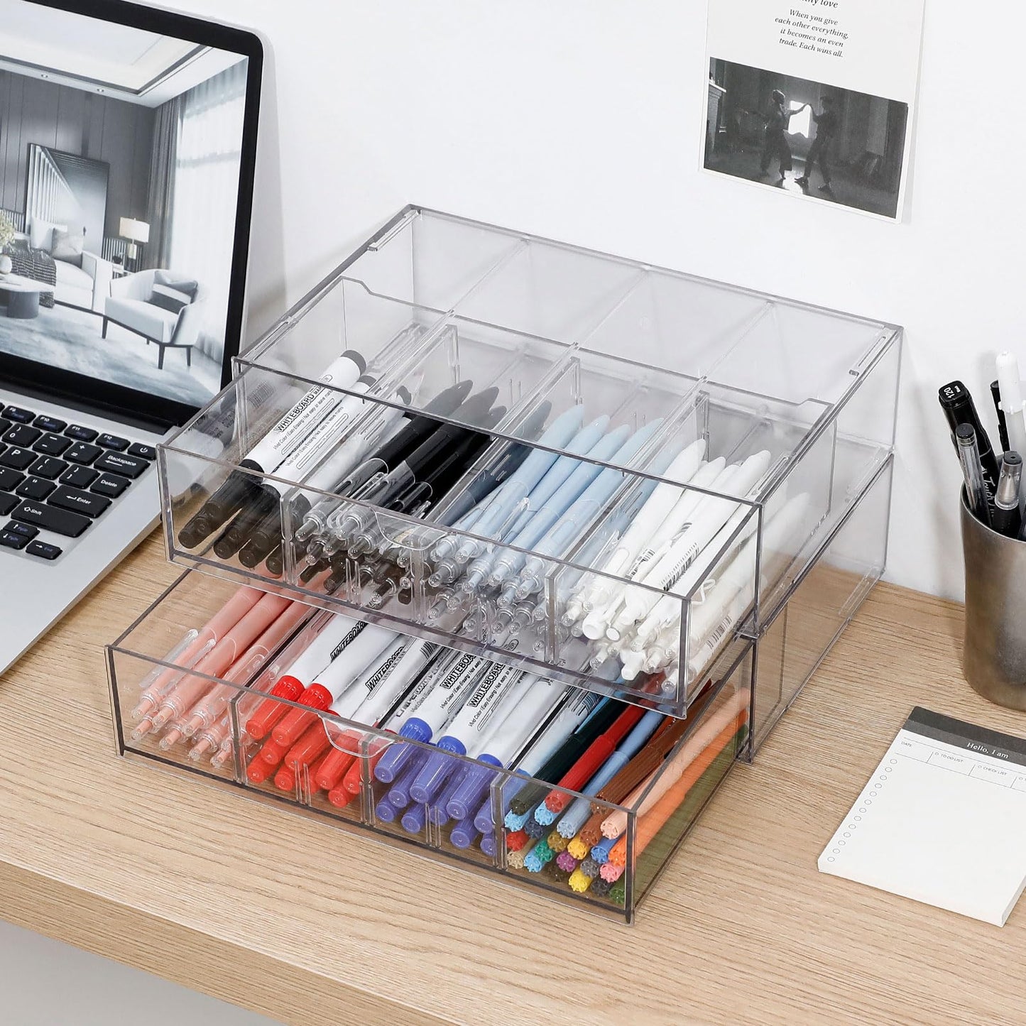 GOXITAX Clear Pen Organizer with Drawer, 2 Pack Plastic Desk Accessories Storage Box with Removable Dividers for Home Office, School Supplies, Stationery, Art Crafts, Stackable Pencil Holder